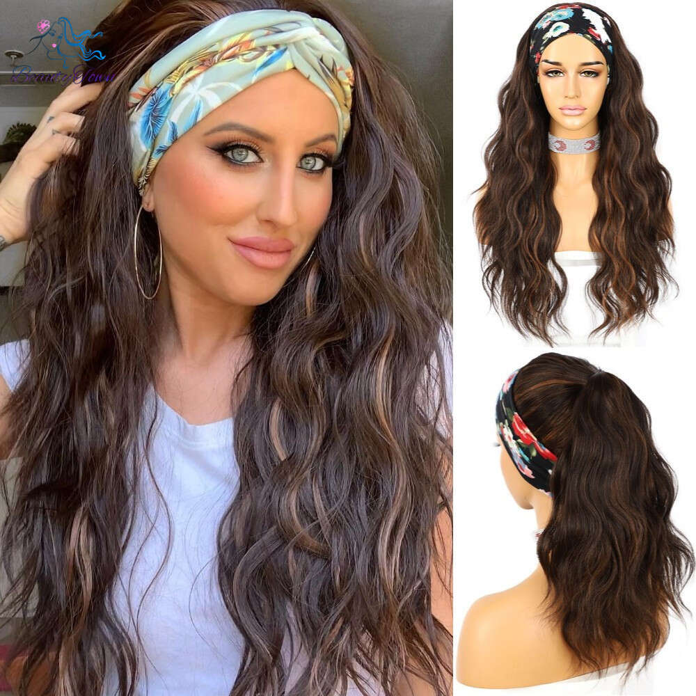 Synthetic Water Wave Jbrown Easywear Headband Scarf Wig For Women Daily Wedding Party Travel Holidays 2 Free Bands Gift