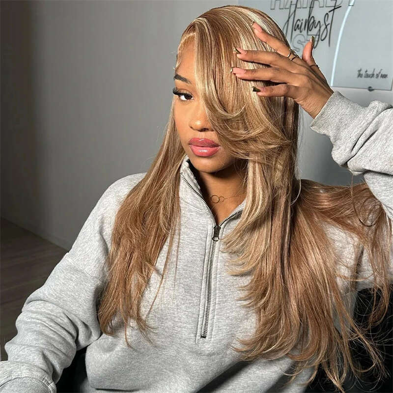 Ash Layered Straight Transparent Lace Frontal Honey Blonde Ombre Colored Human Hair Wig With Brown Root For Women