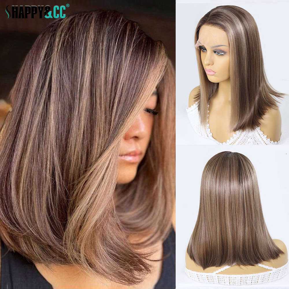 Highlight Synthetic Lace Front Bob Wigs Short Straight 13X3 Colored Glueless Dark Roots Blonde Wig For Women