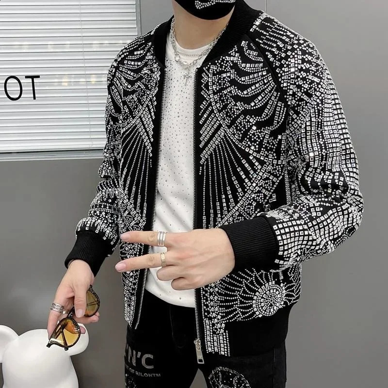 European Retro Jacket Men Jaqueta Bomber Diamond Men Jacket Coat Fashion Rhinestones Punk Club Outfit Slim Jacket 240914