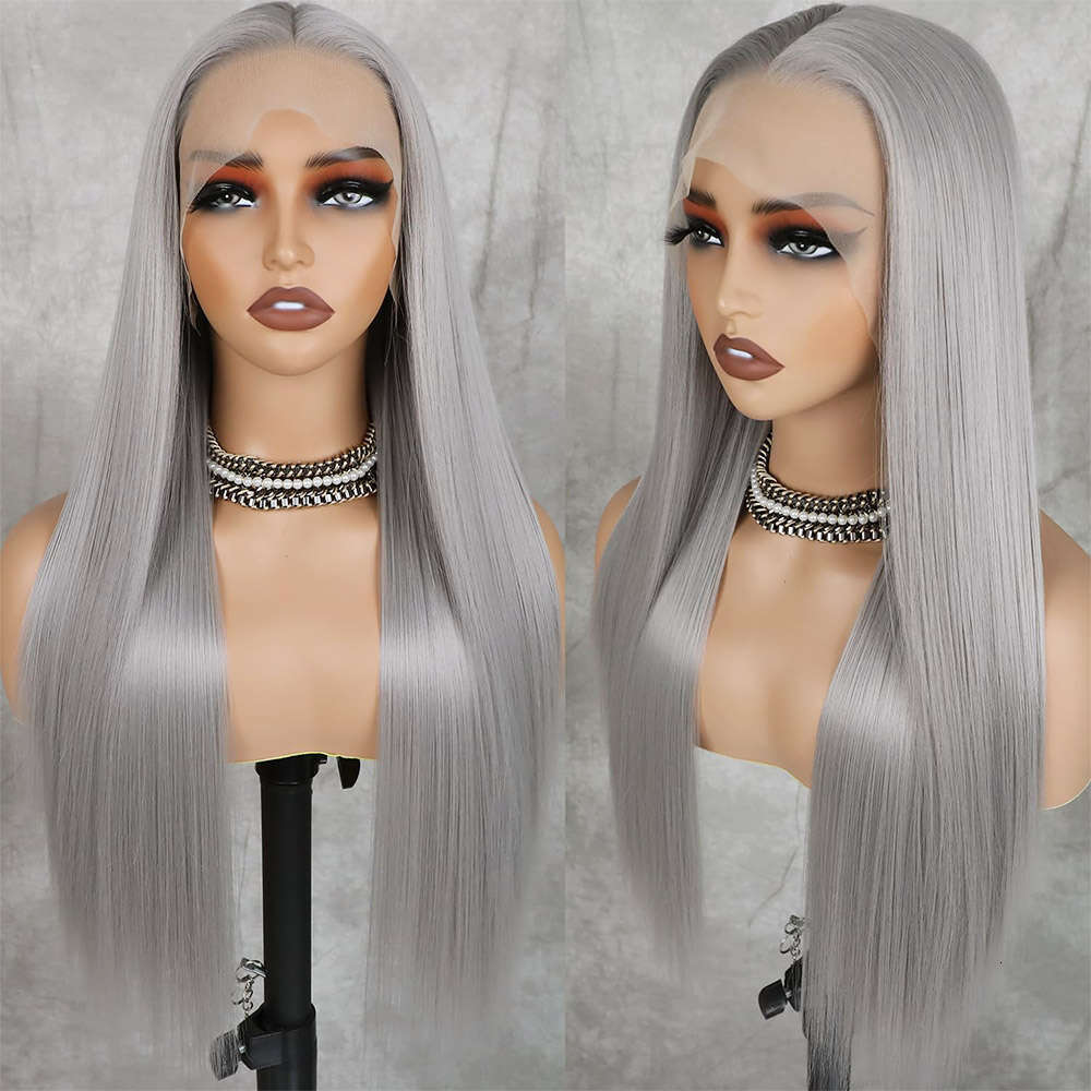 Grey Straight Front Synthetic For Women Pre Plucked Glueless 13X3 Lace Frontal Wig Colored Cosplay Hair