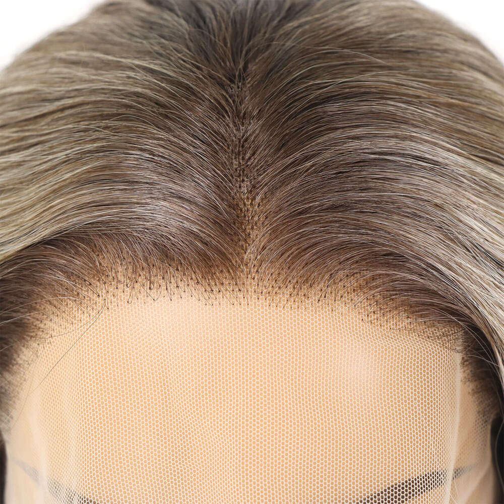 Brown Blonde Highlight Synthetic Lace Front Bob Wigs Dark Roots Colored Natural Wavy For Women 13X3 Short Heat Resistant Wig
