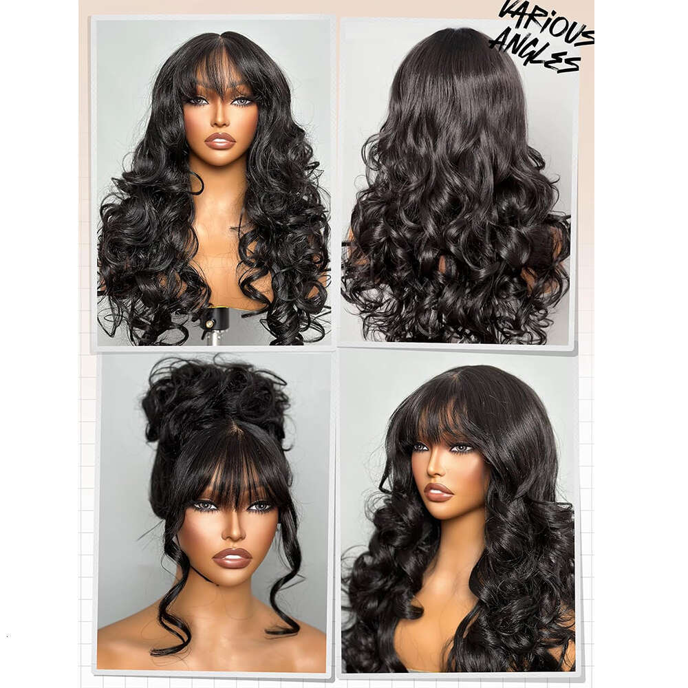 Wave Lace Front With Bangs For Black Women 13X3 Pre Plucked Curly Synthetic Heat Resistant Glueless Wig Daily Use