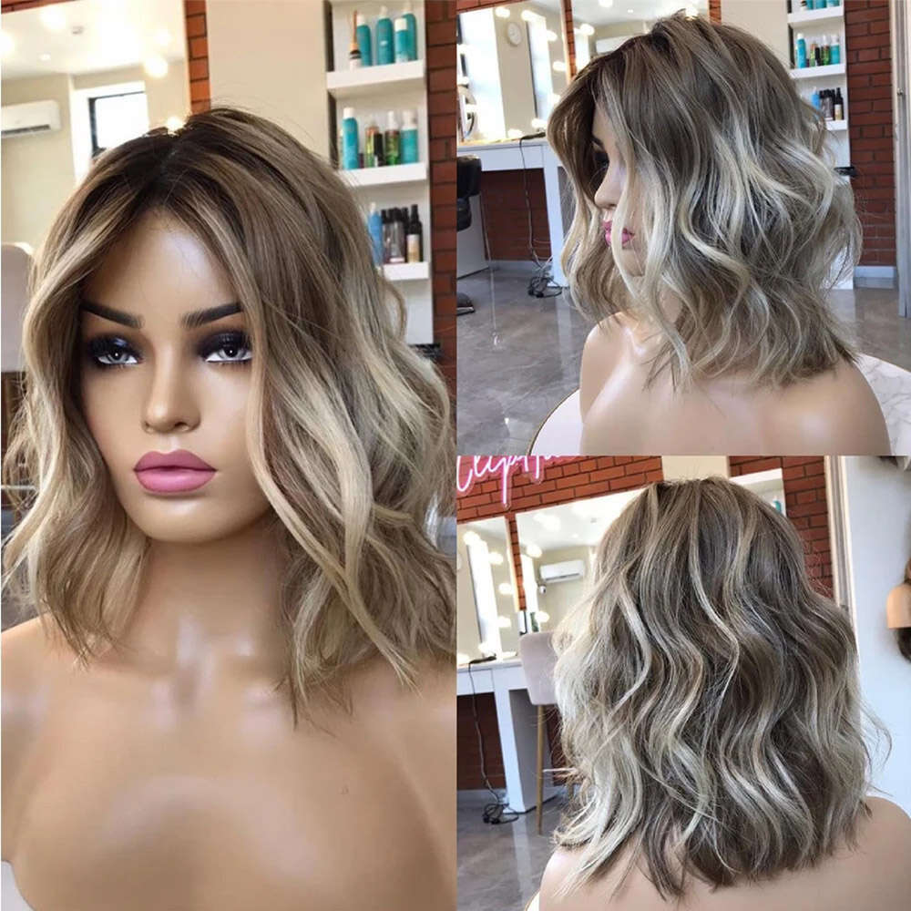 Highlight Short Bob Synthetic Lace Front Wigs For Women Wavy Dark Roots Brown Curly Blonde Wig Pre Plucked Daily Use