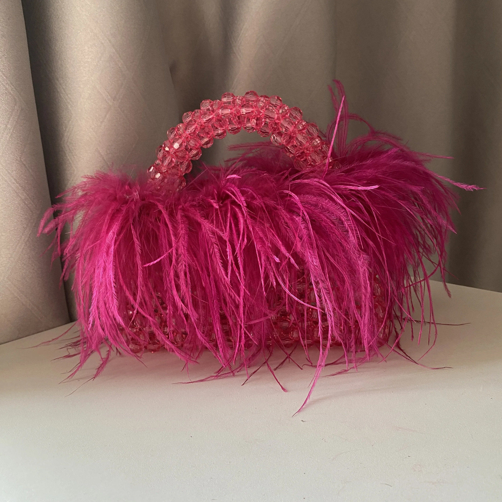 Pearl Bead Bag With Ostrich Feather Fur er Clear Acrylic Crystal Tote Handbag Women Handmade Party Purse 240909