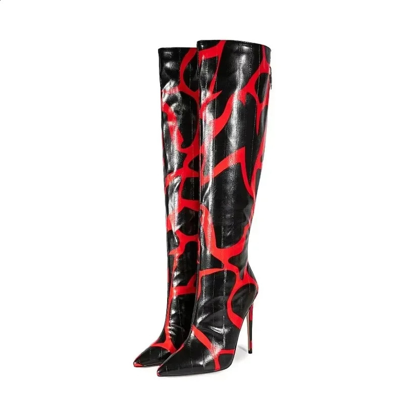 European American Style Slim Heels with Color Blocked Zippers Knee High Boots Womens Sexy Runway and Banquet Shoes 240906 4