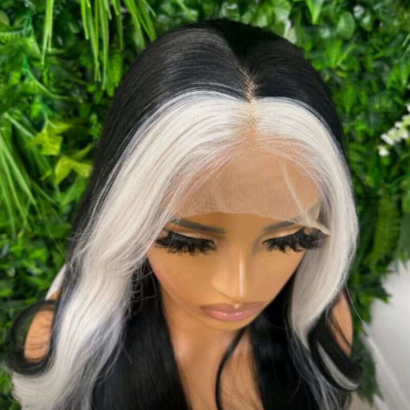 AIMEYA Black With White Highlights Long Body Wave Synthetic Lace Front Natural Haire Daily Use Halloween Cosplay Wig