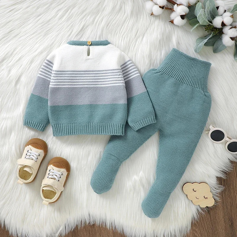 born Baby Clothes Set Knitted Autumn Infant Boy Sweater Pullover Long Sleeve Pants Kid Sweater Trousers 2PC Fashion Striped 240913