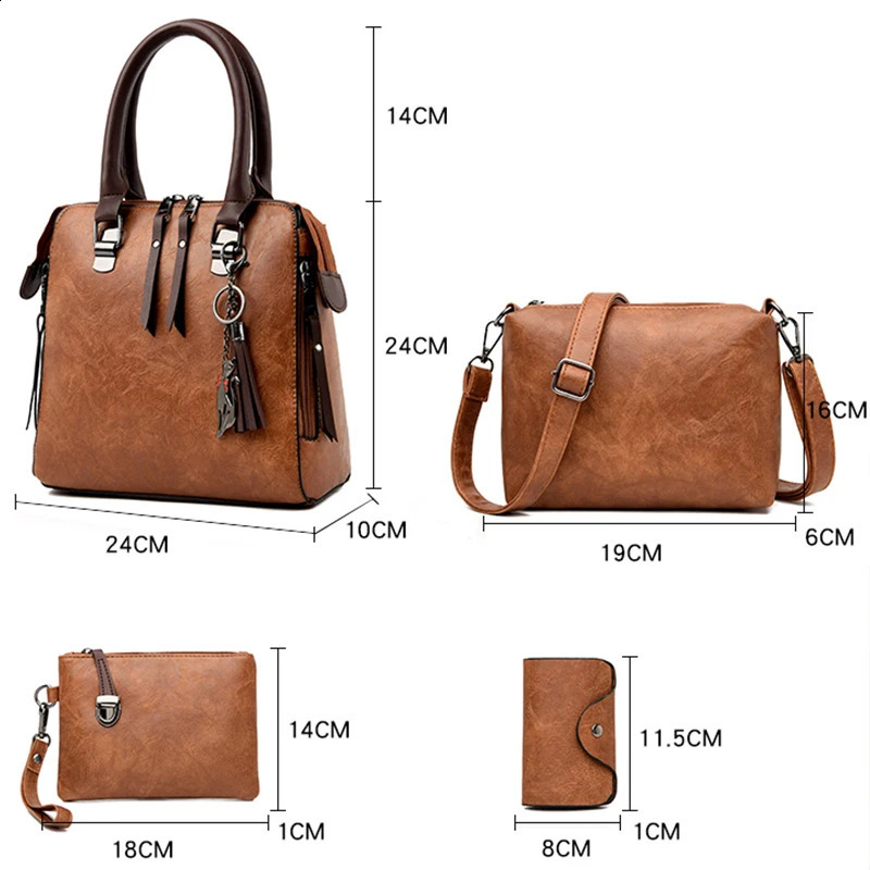 4 Piecesset Handbag Vintage PU Leather Bags Tassel Messenger Composite Shoulder Female 240914