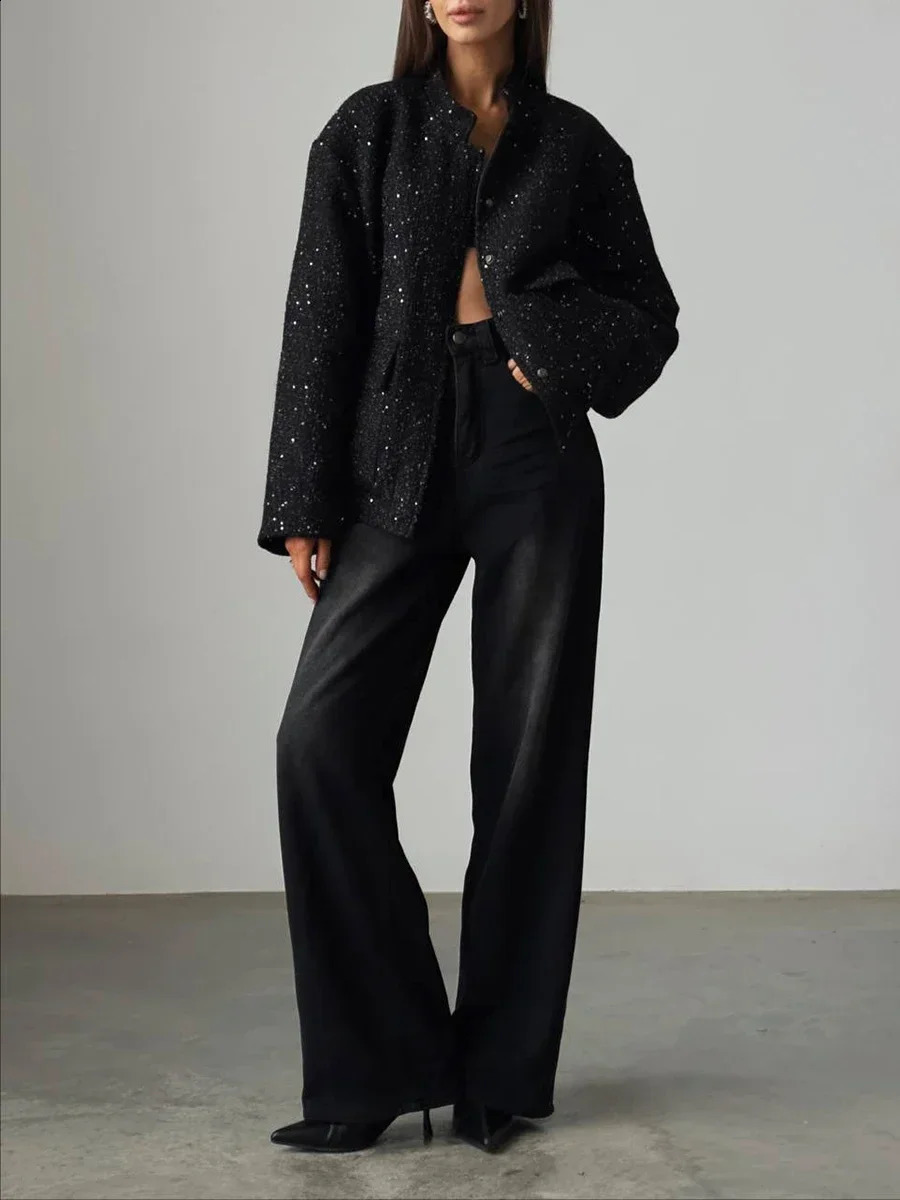 Bornladies Loose Tweed Sequin Jacket Women Fashion Coat Trend Versatile Warm Chic Elegant Female Coats Stylish Woman Clothes 240911