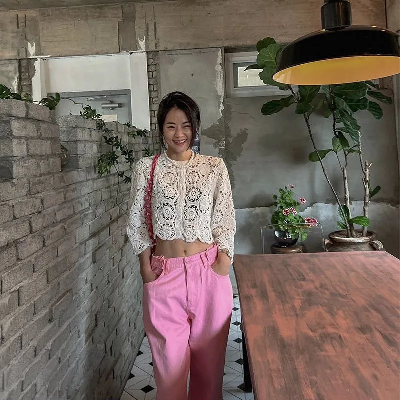 French Vintage Lace Hollow Knitted Embroidery n Short Outerwear Cardigan Sunscreen Clothing Womens Top Thin 240904