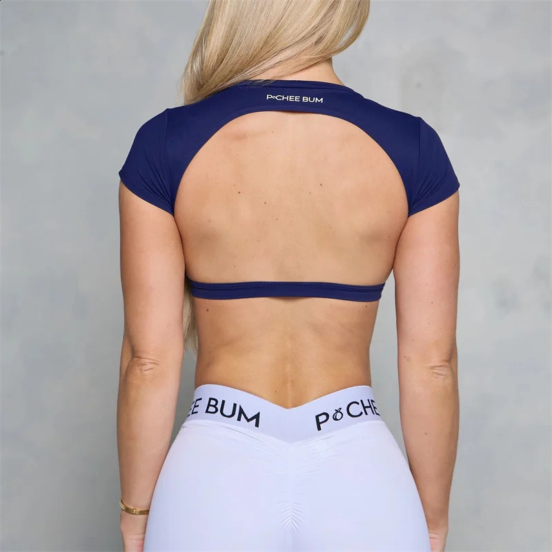 Pchee Bum Women Backless Sports Shirts Workout Gym Training Yoga T-Shirt Outdoor Running Crop Tops Elastic Open Back Tops 240914