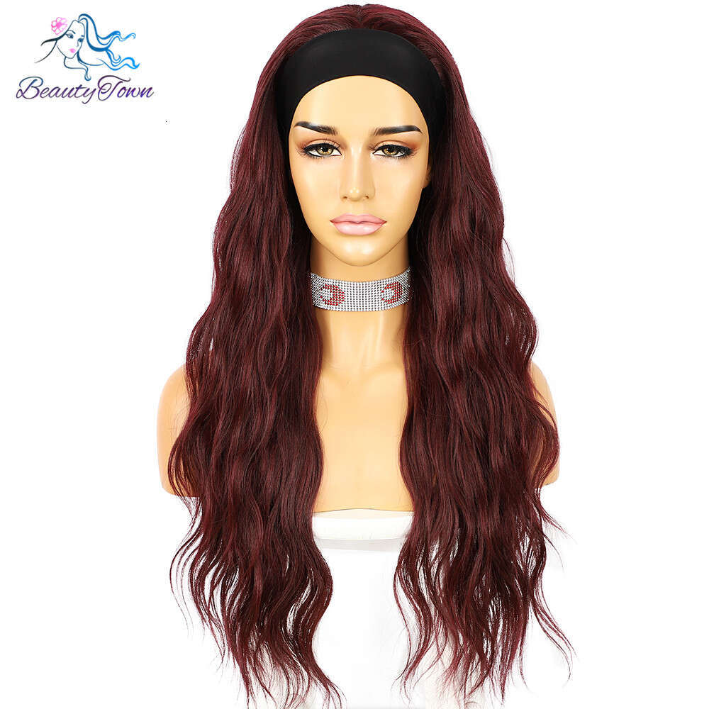 Long Wavy Bury Red Headband For Women Daily Wedding Party Travel Holidays No Gel Glueless Wig 2 Free Bands