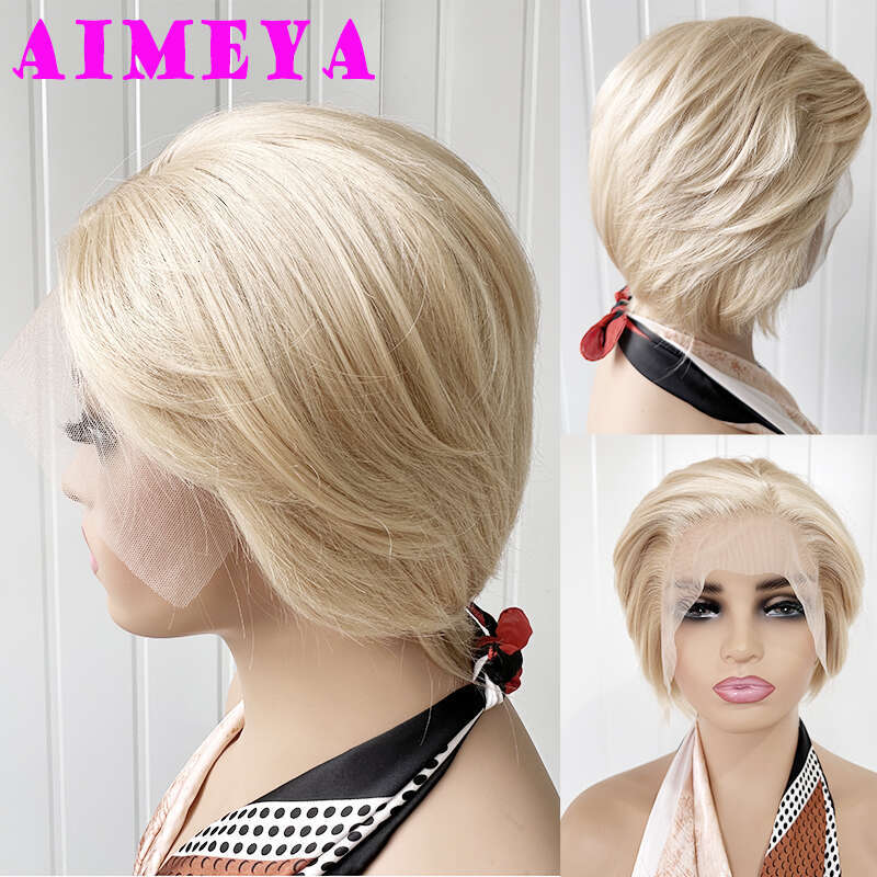Blonde Short Wigs For Women Girls Natural Looking E Cut Lace Front Heat Resistant Synthetic Hair Wig Daily Use