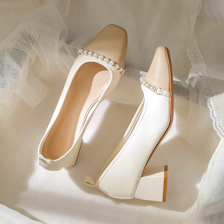 2024 New Small Fragrant French High Thick Heels Gentle Pearl Color Blocked Retro Mary Jane Single Shoes
