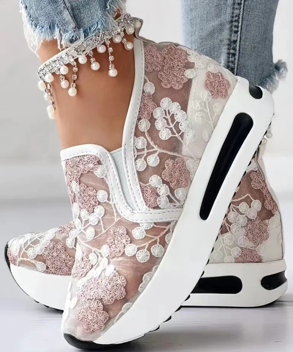 Lace platform womens sports shoes mesh breathable sports shoes summer casual sandals running beach swing dance shoes 240914