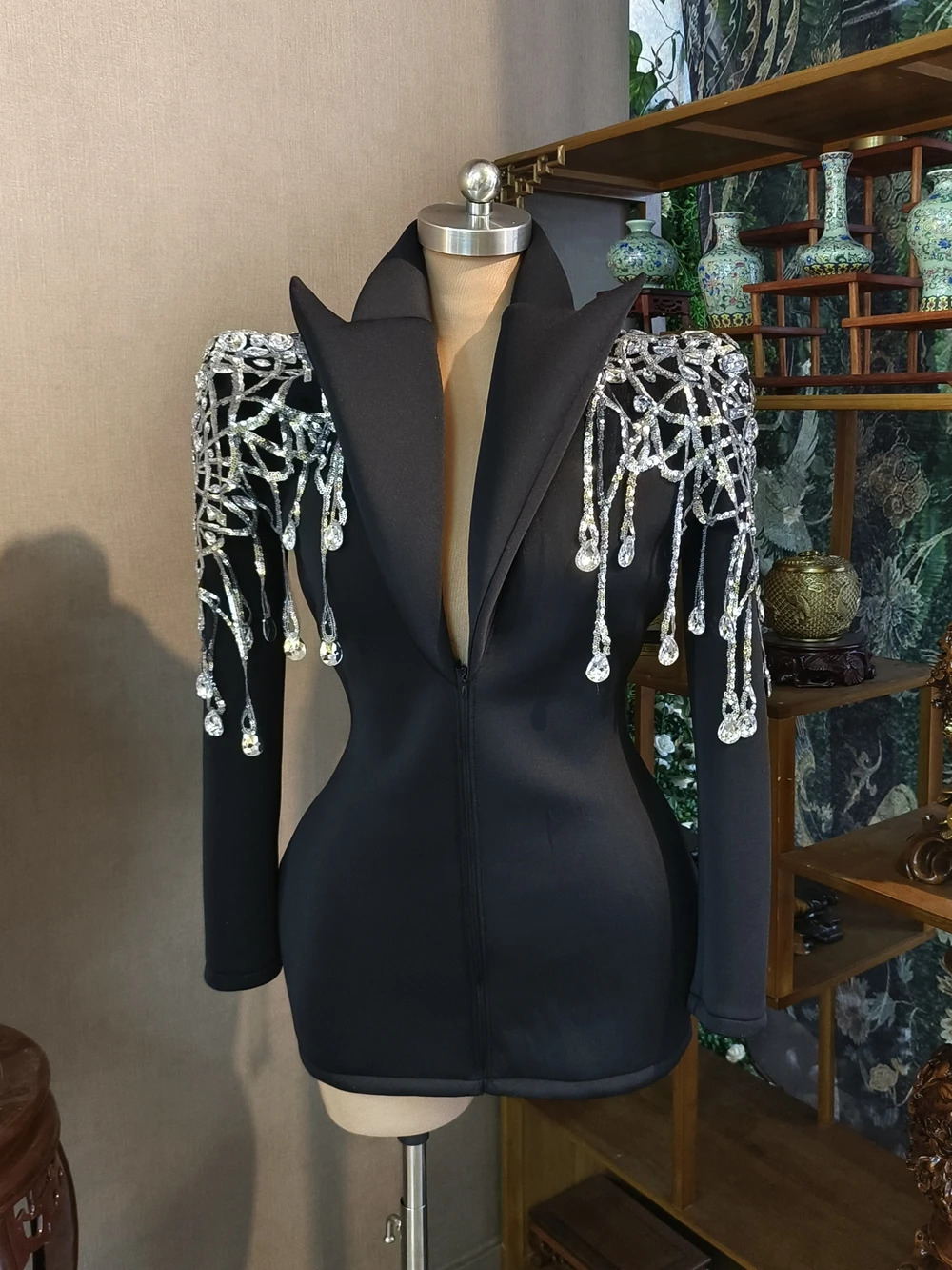 Sexy Singer Black Jacket Sparkly Sequins Rhies Big Sleeves Dancer Nightclub Jazz Dance Costume Performance Show Stage Wear