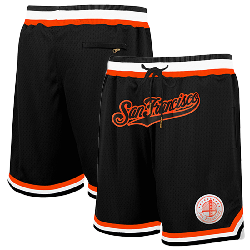 Men's Black Basketball Shorts with zipper Pockets Retro San Francisco Mesh Embroidered Sport Shorts Fans Casual Athletic Shorts Hip street sports casual pants