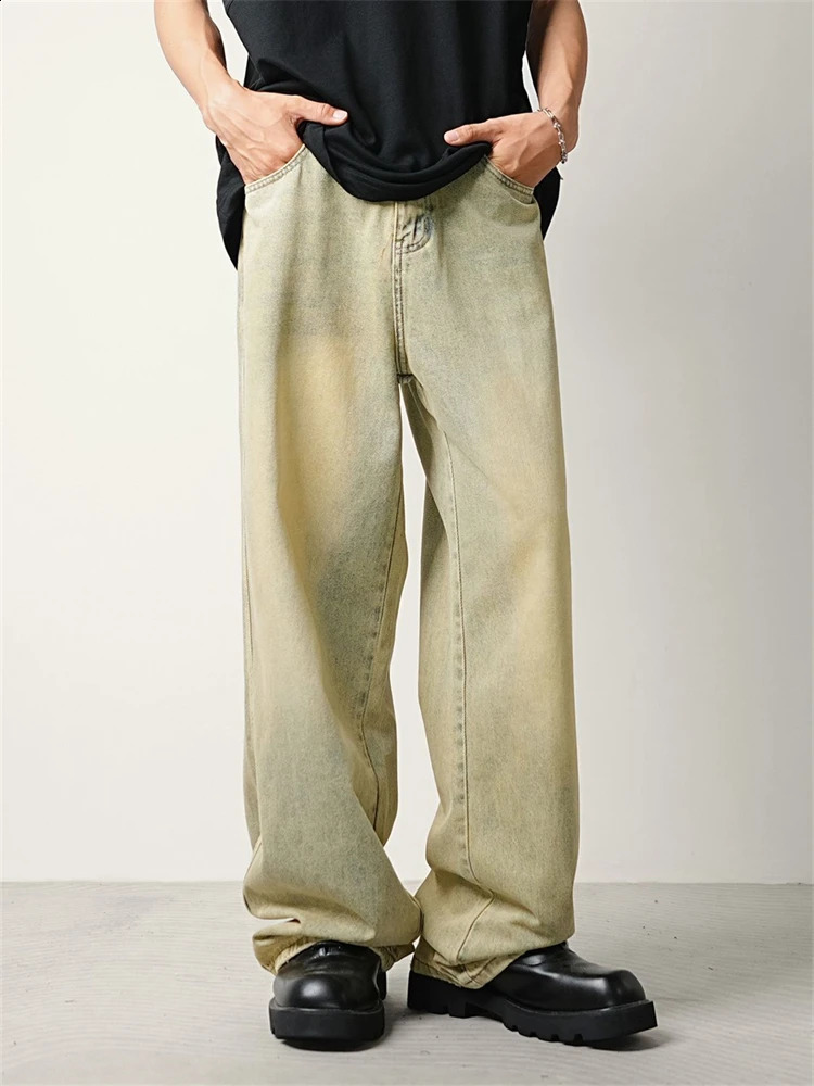 Womens Yellow Mud Dyed Retro Washed Denim Jeans Cool Wide Leg Vintage Pants Female Casual High Waist Unisex Denim Trousers 240911