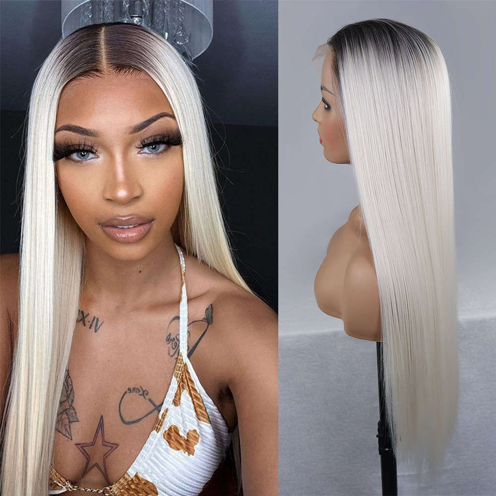Ash Lace Front Wigs Silky Straight Dark Roots Colored Synthetic For Women Platinum Blonde #60 Ombre Glueless Wig