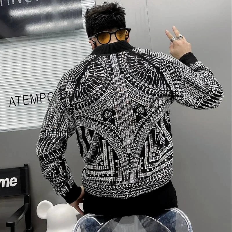 European Retro Jacket Men Jaqueta Bomber Diamond Men Jacket Coat Fashion Rhinestones Punk Club Outfit Slim Jacket 240914
