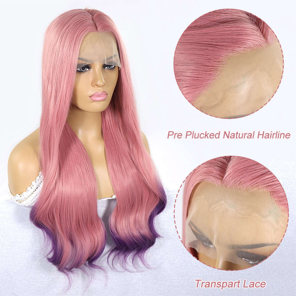 Ombre Pink Purple Front Wigs Natural Wave Cosplay Colored Pre Plucked Transpart Lace Synthetic Wig For Women Party