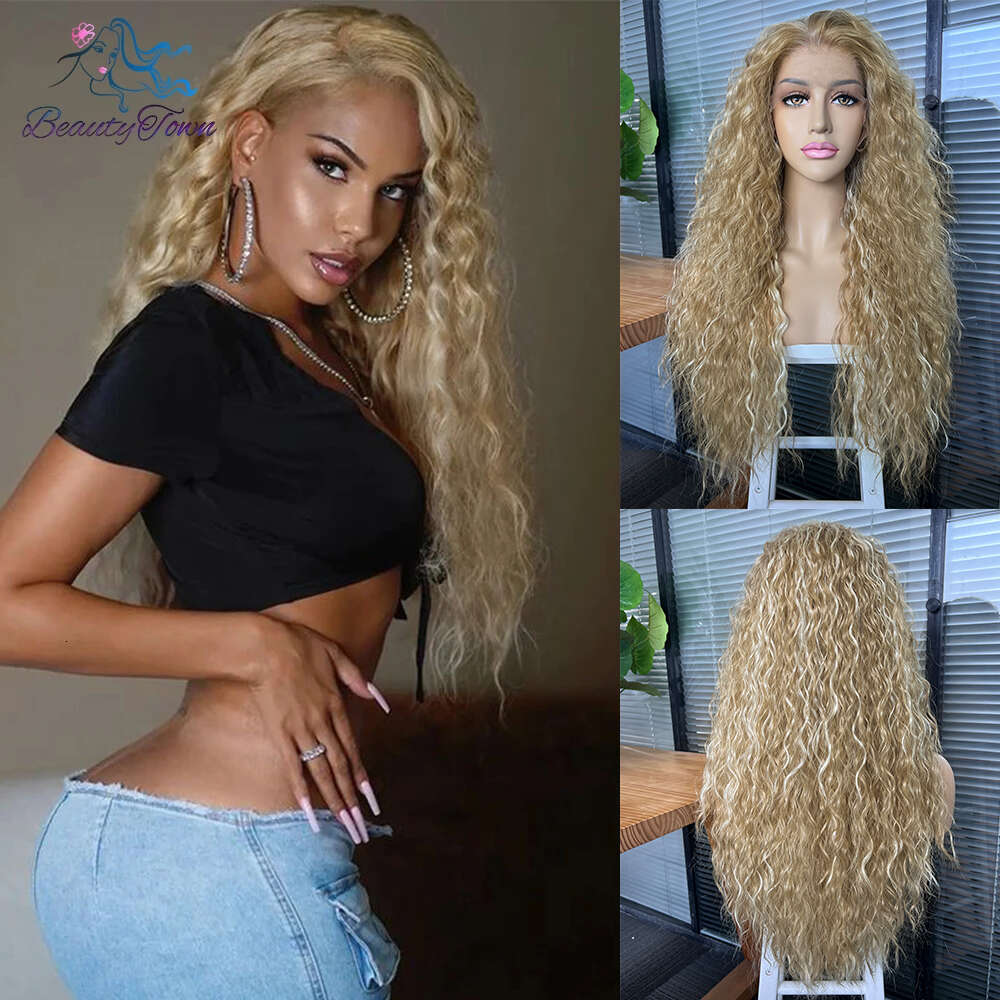Long Inche Blonde Synthetic 13X3 613 Grey Brown Ginger Kinky Curly HD Transparent Lace Front Cosplay Wig