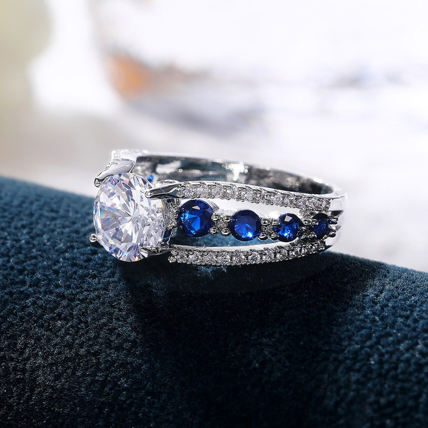 Designer Jewellery High Quality Silver Plated Zircon Inlaid Hollow Out Sapphire Crystal Ring Brass Wedding Accessories for Party Occasion Textured Ele