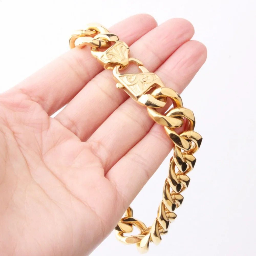 Hip Hop Gold Tone 316L Stainless Steel Mens Chain Bracelet Womens Motorcycle Charm Link 240912