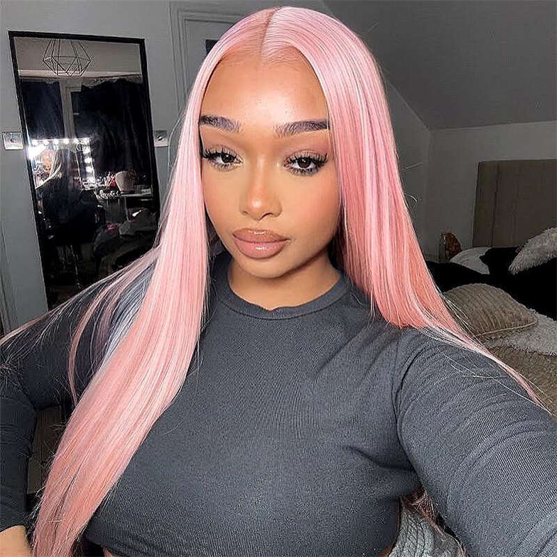 Light Long Synthetic HD Transparent Lace Front Wigs Heat Resistant Wig Silky Straight Pink Hair
