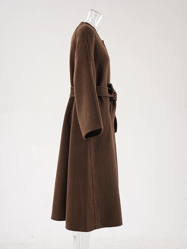 LANMREM Autumn Winter Woolen Coats Round Neck Double Sided Belt Overcoat Female Fashion Clothing CPG1808 240911