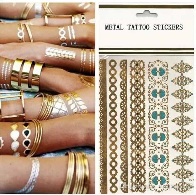 10 fashionable gold silver metal glitter tattoos metal tattoo stickers temporary body art womens beach waterproof size 15X21c 240913