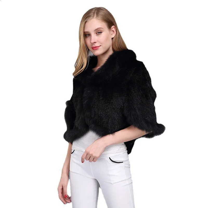 Women Natural Mink Fur Shawl Jacket Lady Knitted Mink Fur Scarf Shawl Lady Real Mink Fur And Fox Fur Collar Poncho Shawl Coat 240909