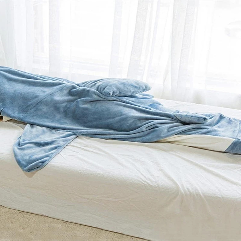 Hooded Flannel Shark One-Piece Pajamas Home Children Adult Men and Women Quirky Homewear Blanket 240910