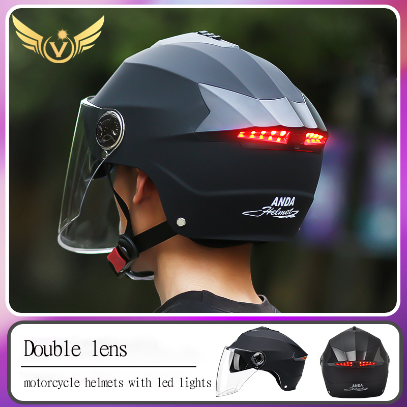 Motorcycle Helmets Led Lights Moped Helmet Electric Scooter For Men Women With Double Visor Rechargeable Bicycle Light Bike