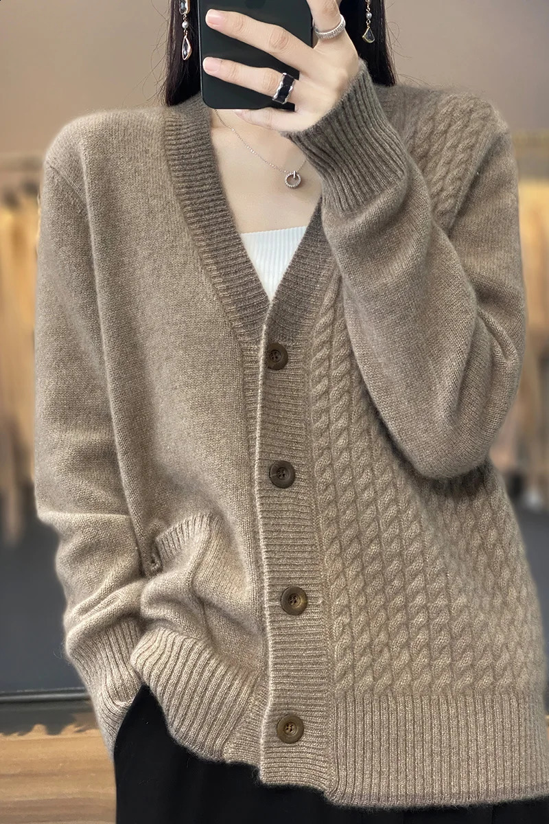 Spring womens sweater fashionable casual jacket cardigan long sleeved Vneck 100% wool knitted top plus size 240912