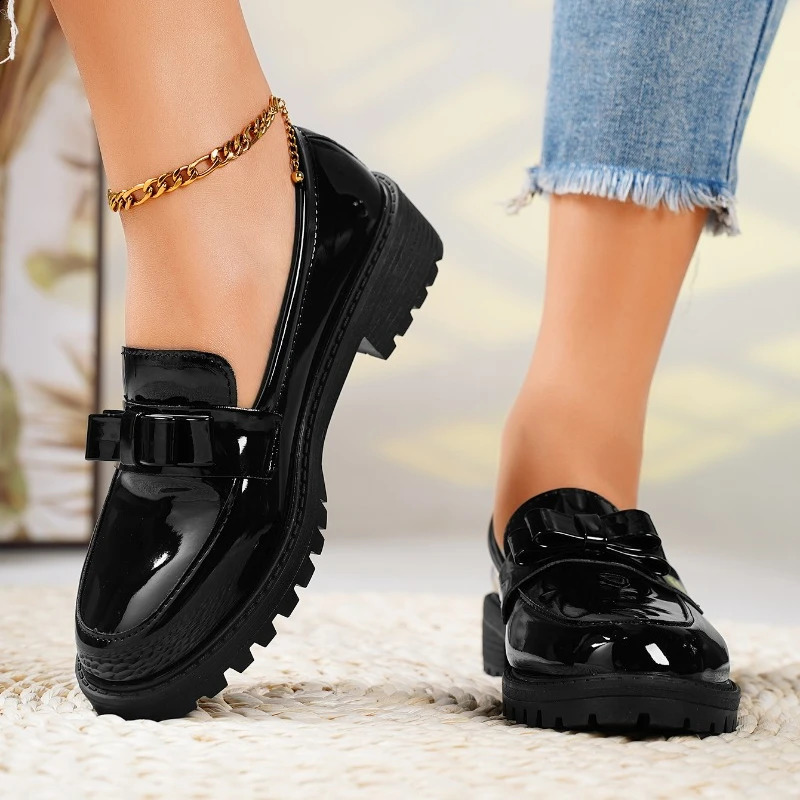 2024 Womens Summer Fashion Round Toe Retro Solid Color Loafers PU Leather Daily Leisure Banquet Dress High Heels 240914