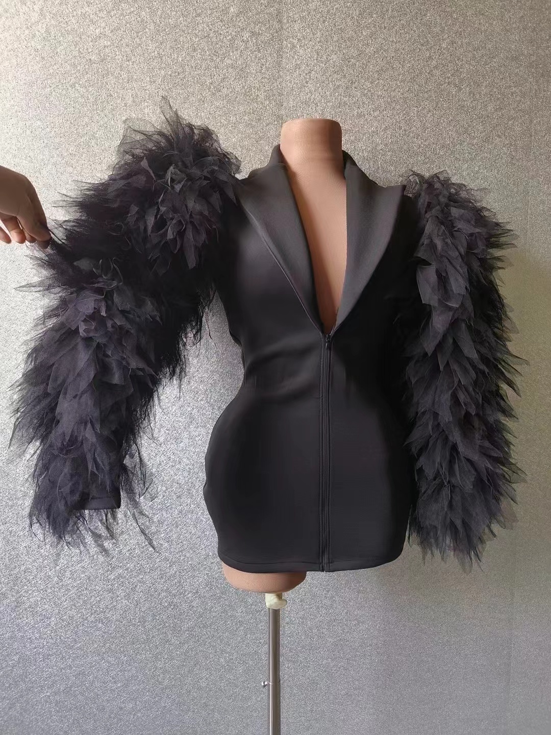Sexy Singer Black Jacket Sparkly Sequins Rhies Big Sleeves Dancer Nightclub Jazz Dance Costume Performance Show Stage Wear