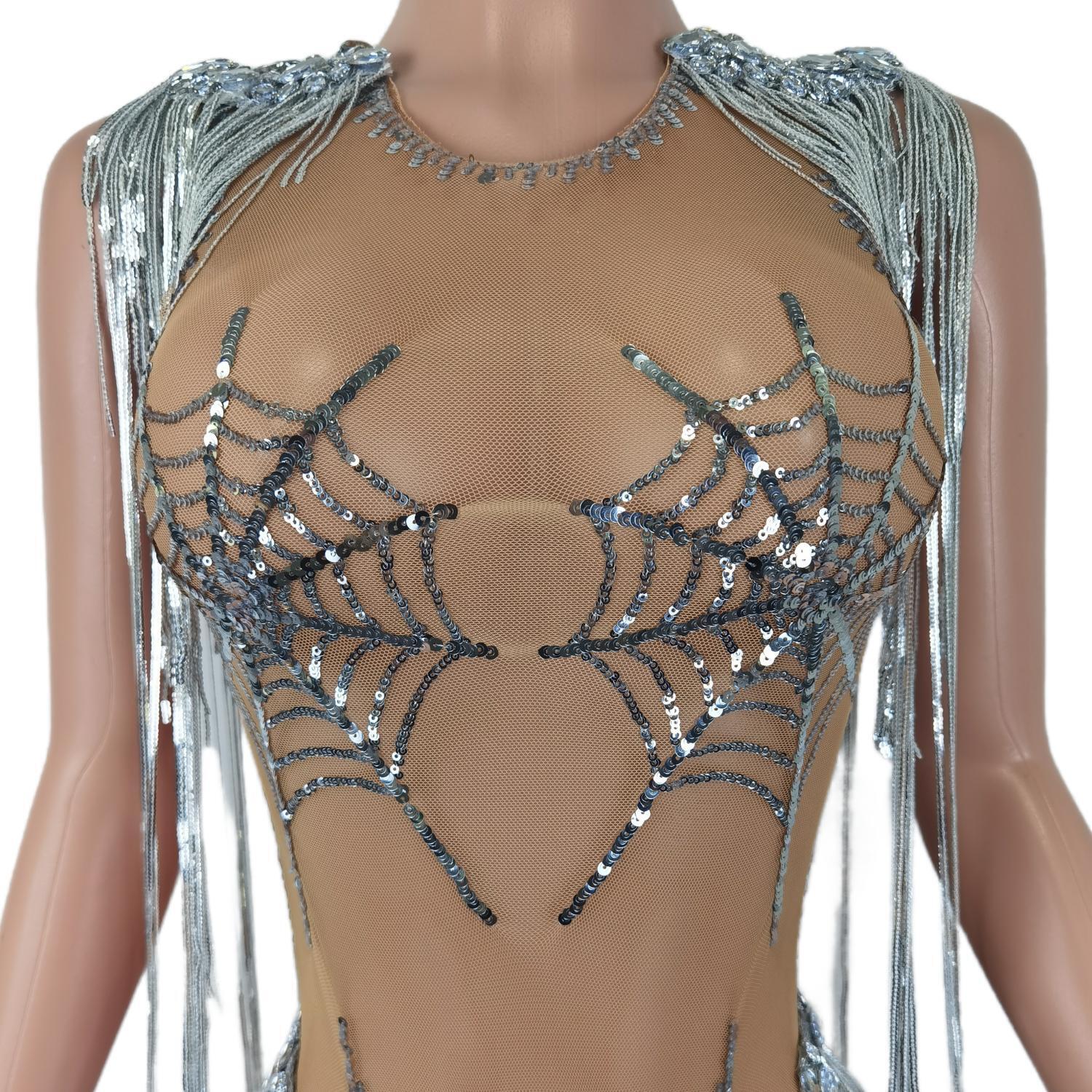 Sliver Spider Web Sequins Women Bodysuit Dance Performance Costumes Shining Tassel Sleeveless Romper Lady Sexy Fringes Jumpsuit