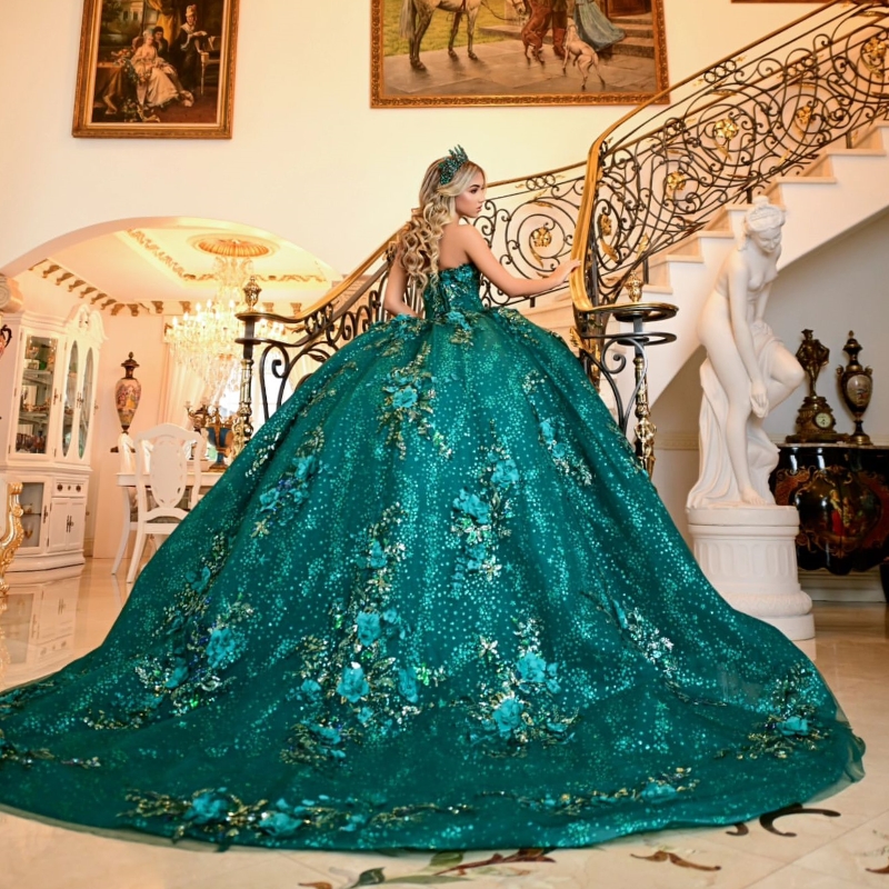 Blackish Green Quinceanera Dress For Sweet 16 Dress Girl Sequined Beaded Handmade Flowers Graduatin Party Prom Dress vestidos de 15 anos