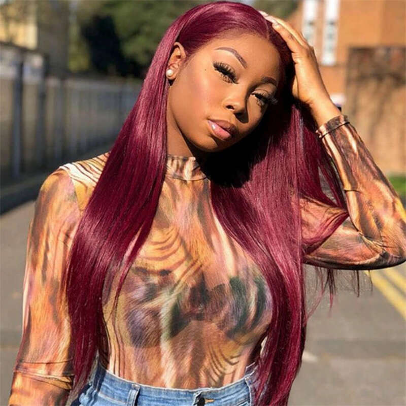 Wine Red Synthetic Glueless For Women Natural Haire Front Lace Wig Bury Long Silk Straight Hair Cosplay Wear