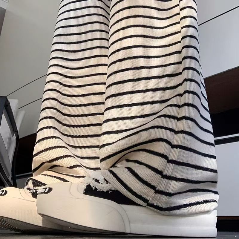 White striped wide-leg pants women's summer 2024 new high waist drape loose straight narrow version sports casual pants.
