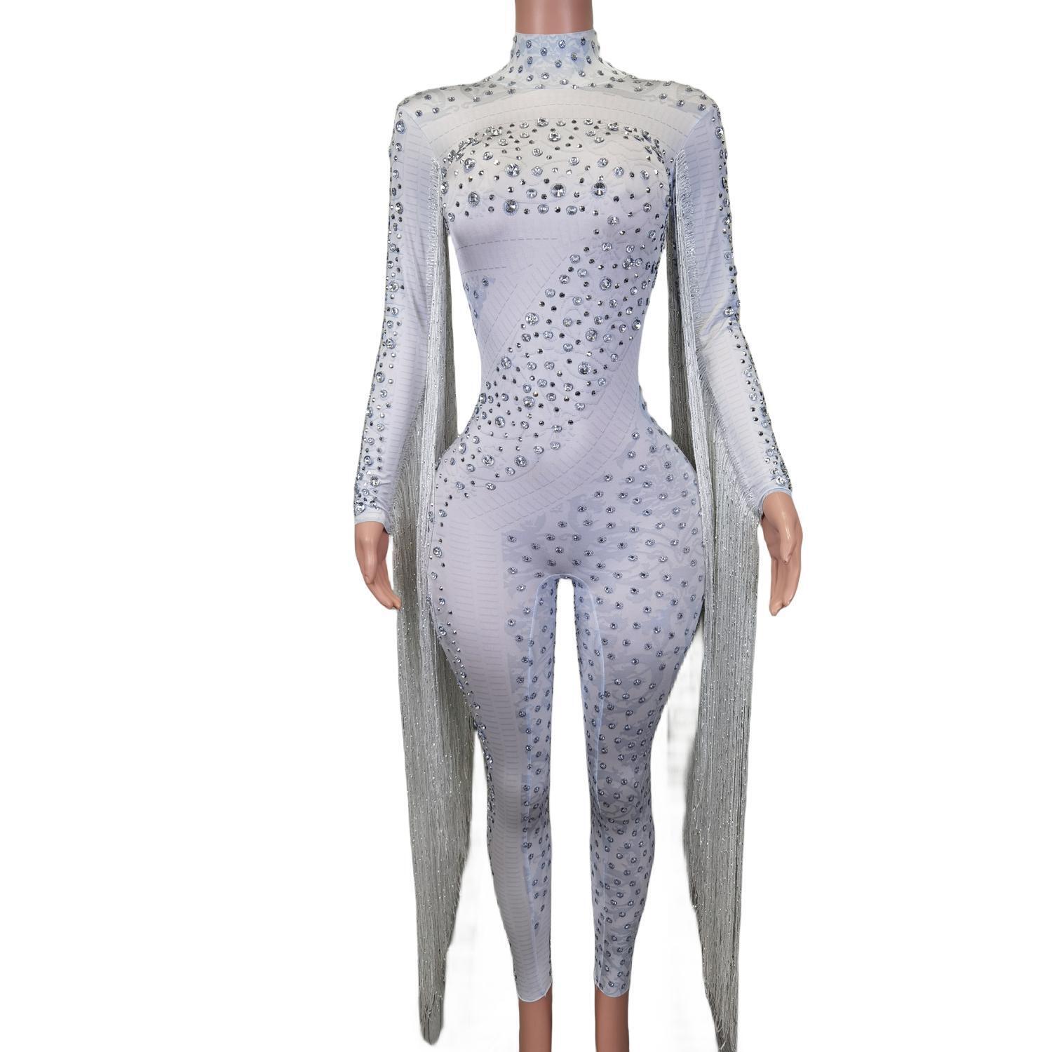 Sparkle Rhie Women White Bodysuit Long Sleeve Tassel Rompers Performance Costumes Lady One Piece Dia Sequin Jumpsuit