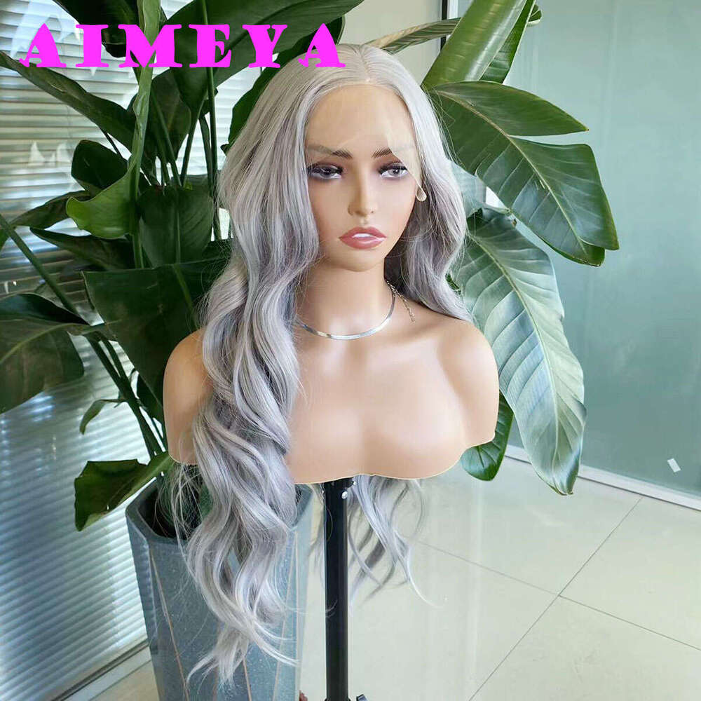 AIMEYA Sier Grey Lace Front Long Natural Wave Synthetic Hair Wigs For Women Heat Resistant Daily Use Cosplay Wig
