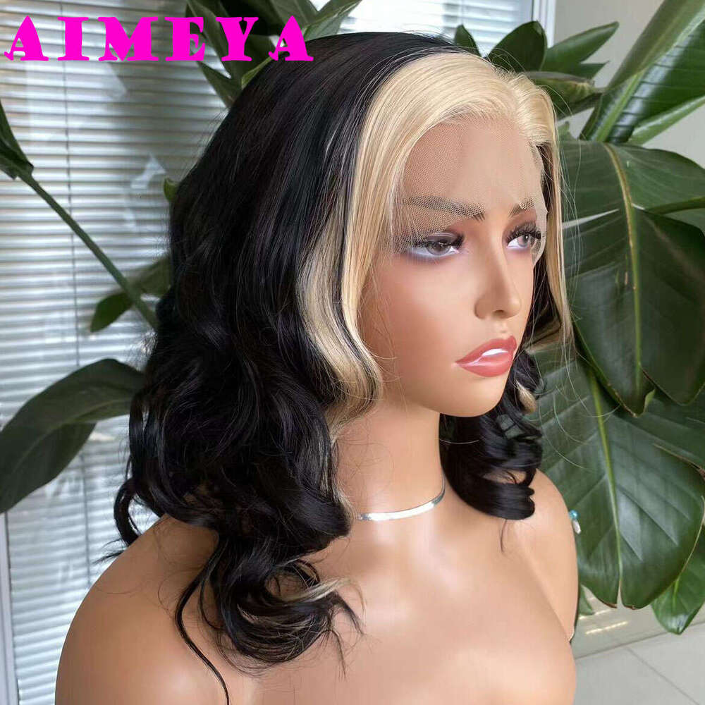 AIMEYA Hair Black Bob With Blonde Highlights Short Synthetic Lace Front Wigs Natural Looking Daily Use Wig