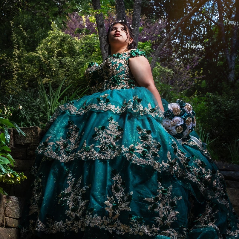 Emerald Green Princess Quinceanera Dresses Off Shoulder Lace Applique Tull Tiered Corset Sweet 16 Dress Birthday Party Gown Vestidos 15 De XV Anos