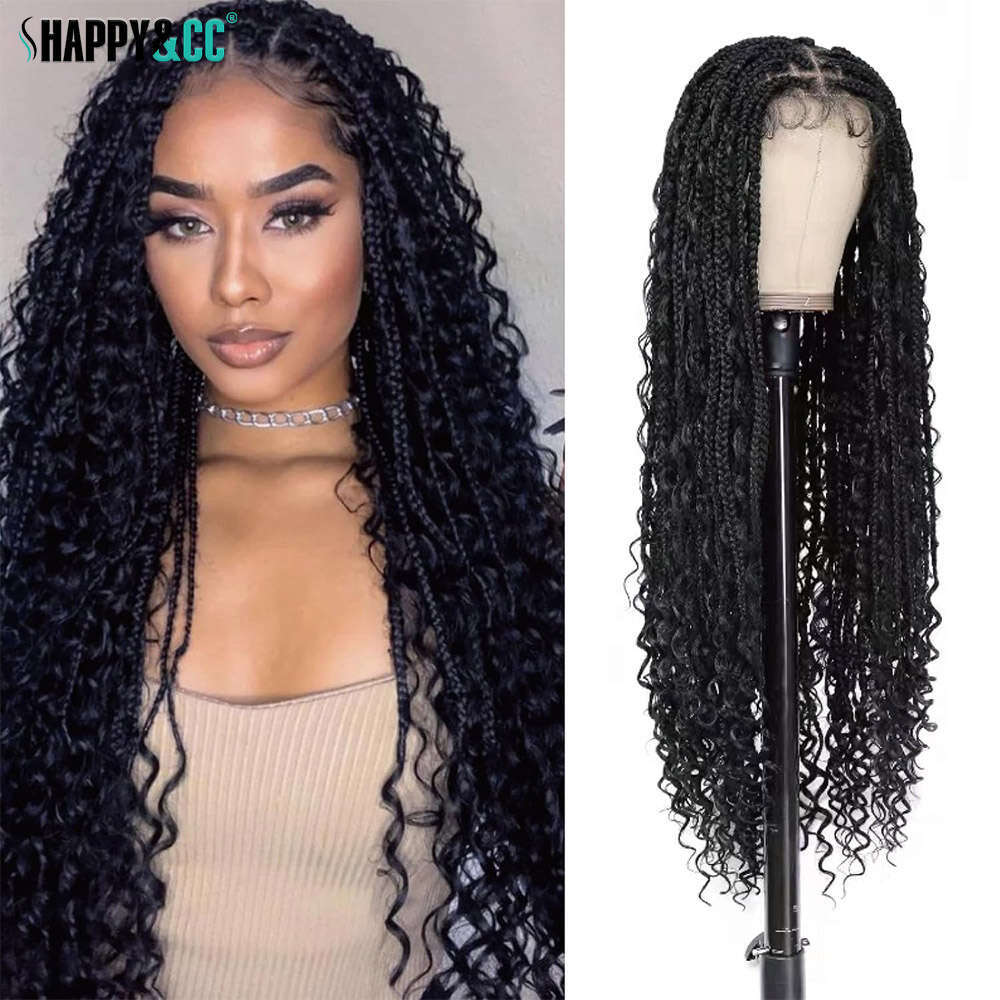 Boho Braided Wigs Synthetic Lace Front Curly Ends Square Part Knotless Wig With Baby Hair Bohemian Locs Box Braid