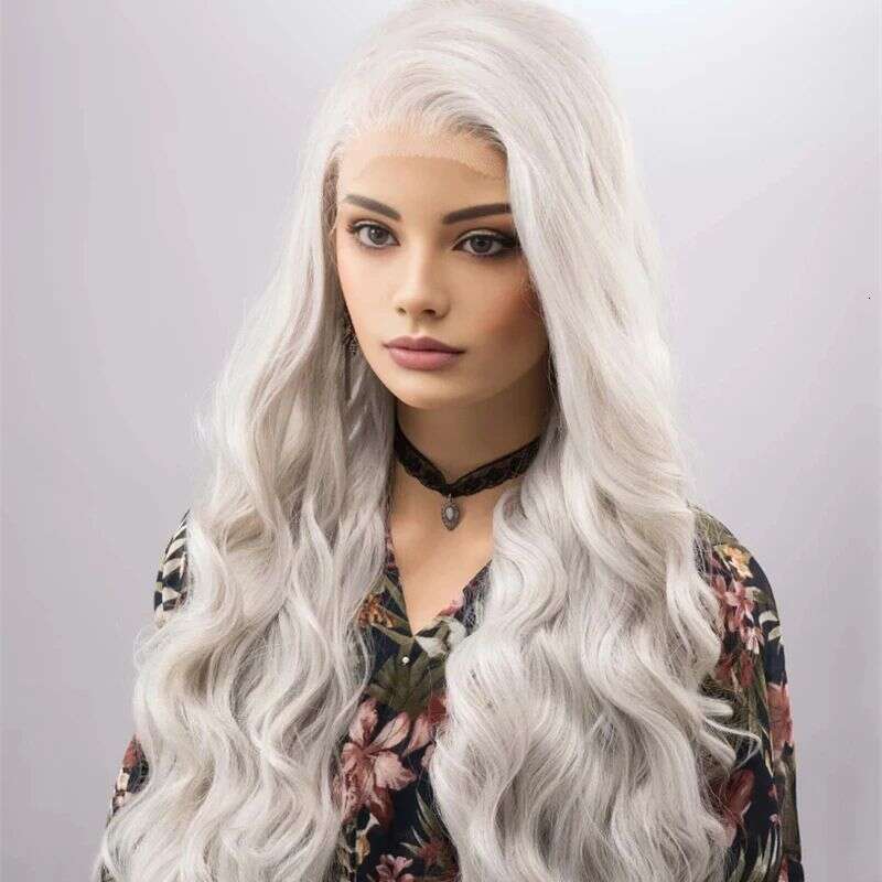 Platinum Grey Heat Resistant Fiber Side Part Body Wave Sier Hair 13X4 Synthetic Lace Front Wigs For Women