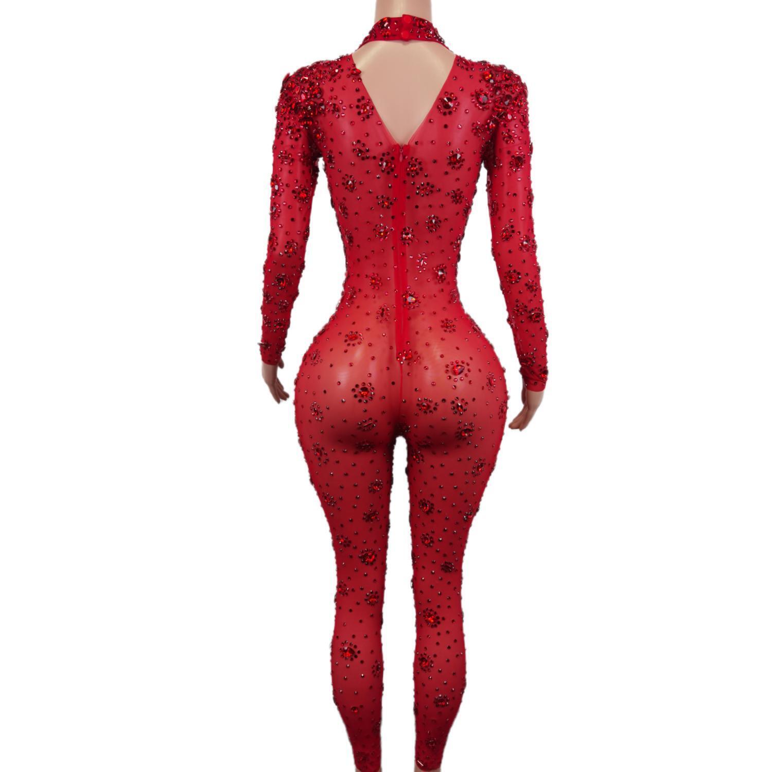 Sexy High-End Gorgeous Perspective Rhie Jumpsuit Long-Sleeved Tights Nightclub Singer DJ Stage Performance Clothes Cuican