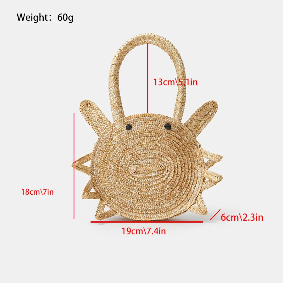 Cute crab shaped grass womens handbag fun round paper shoulder bag creative summer beach for girls 240913